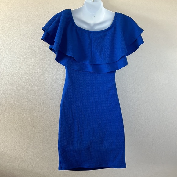 PinkBlush Cobalt Royal Blue Double Layer Ruffle Off Shoulder Maternity Dress - Picture 7 of 9